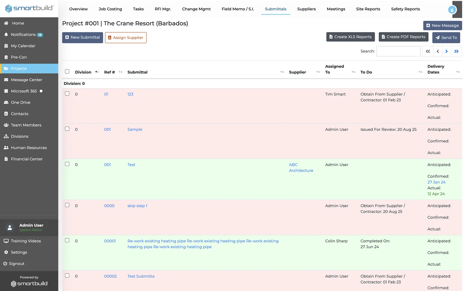 A SMARTBUILD register grouped by division, each division listing items with their supplier, assignee, status and delivery dates, rows color-coded green and red by status.