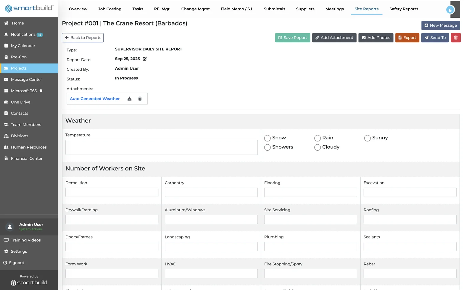 A supervisor's daily site report in SMARTBUILD, recording the day's weather and the number of workers on site by trade.