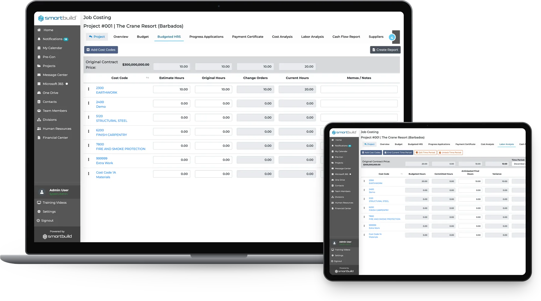 smrtTime on a laptop and a tablet: the Budgeted Hours screen with estimate, original, change-order and current labor hours per cost code, and the Labor Analysis of budgeted against committed hours beside it.