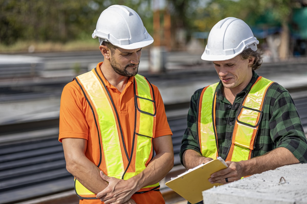 Two site superintendents in hard hats and hi-vis vests reviewing the day's record on a clipboard at an active construction site