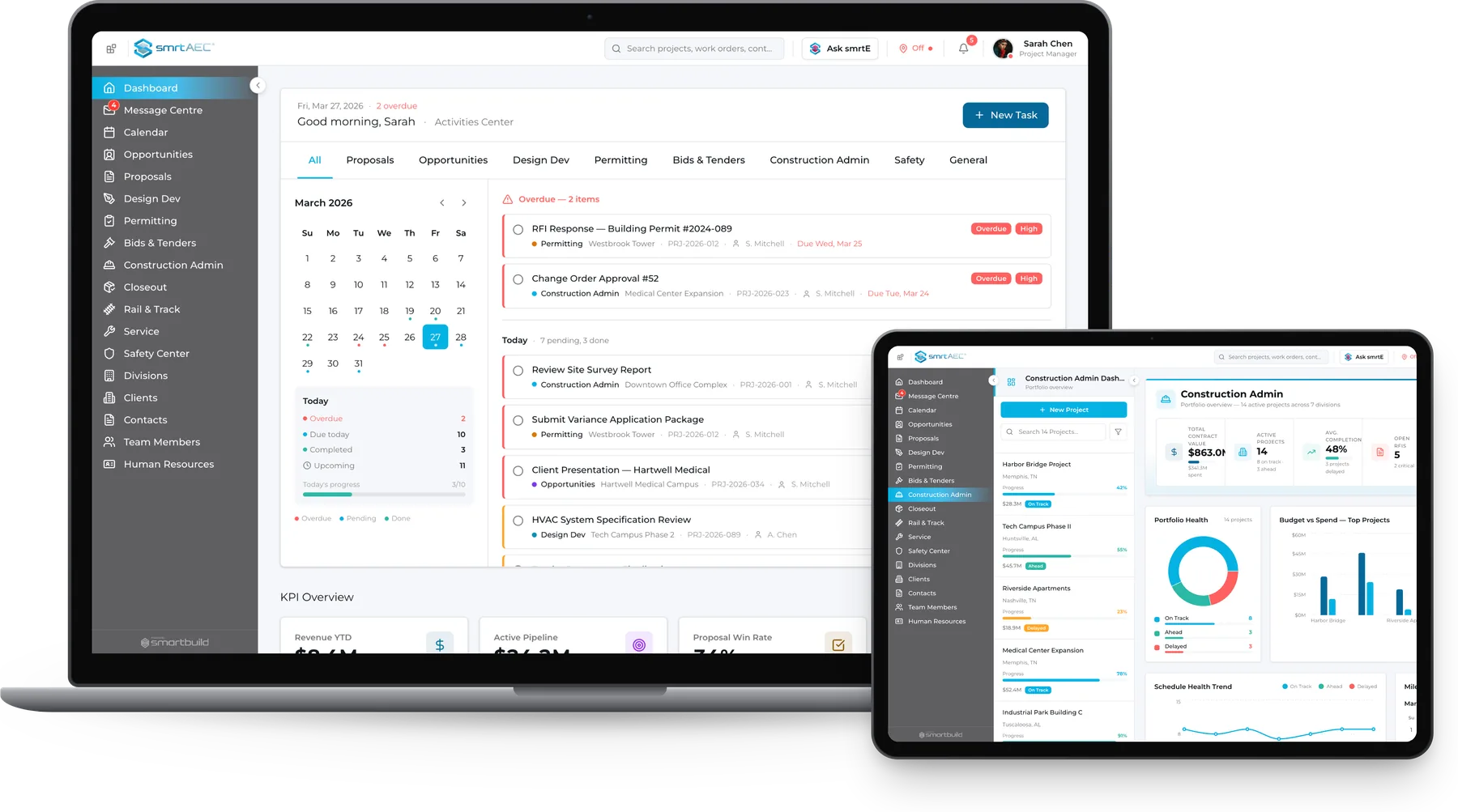smrtAEC on a laptop and a tablet: the command-centre dashboard with tasks, calendar and the smrtE assistant, and the construction-admin portfolio health dashboard beside it