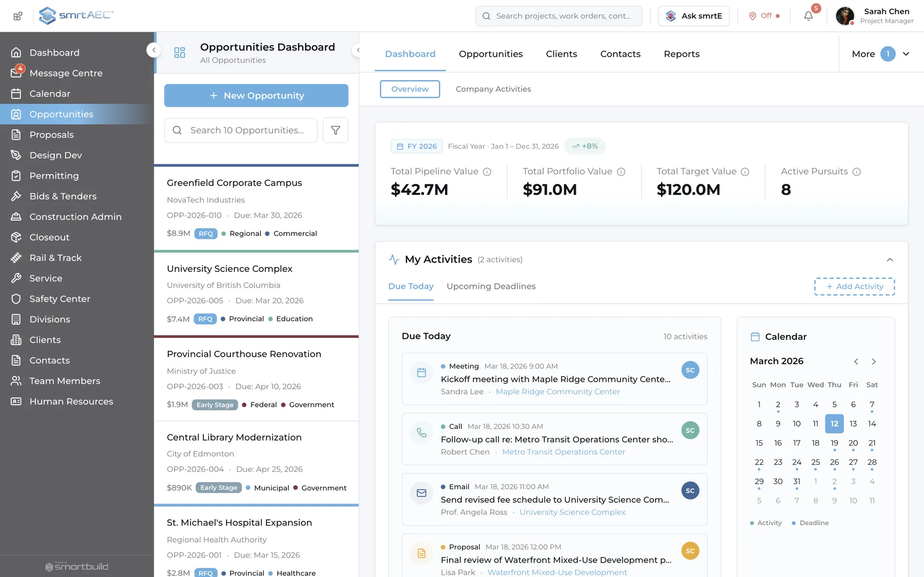 The Opportunities dashboard in smrtAEC — total pipeline, portfolio and target value above eight active pursuits, each listed with its client, reference, due date, value and sector, beside the calls, emails and meetings due today