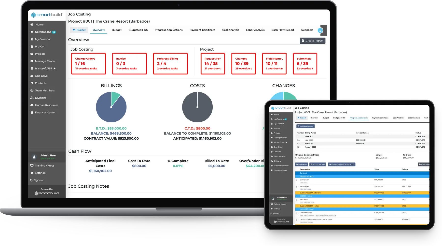 smrtSUB on a laptop and a tablet: the Job Costing overview with billings, costs and change charts and cash flow, and the Progress Applications billing periods beside it