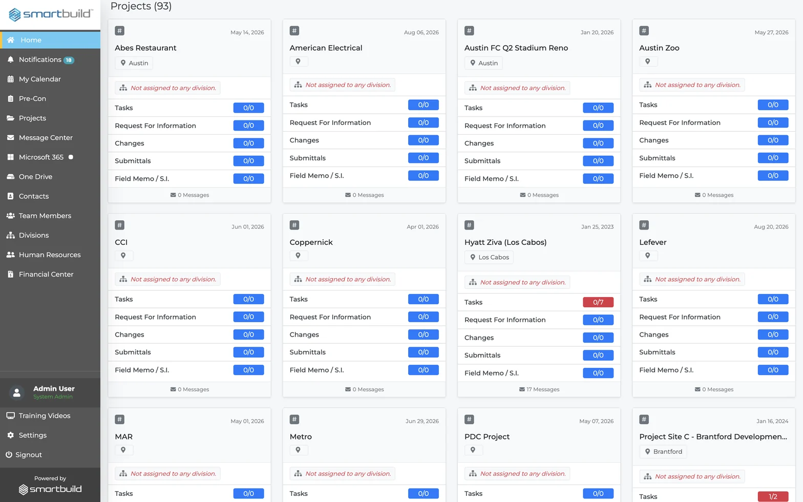 The smrtSUB project dashboard showing several active jobs on one screen, each with its own live Tasks, RFI, change order and submittal counts