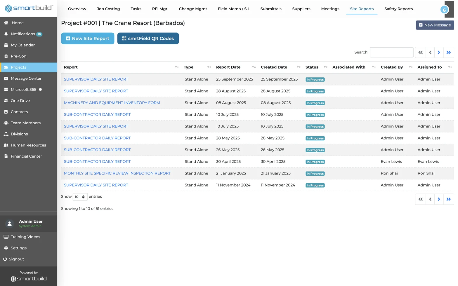 The daily site reports list in smrtSUB — supervisor and subcontractor reports filed from the field, with a smrtField QR codes button for no-login submission
